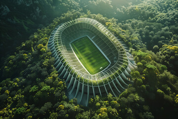 Breathtaking aerial view of a Euro 2024 stadium surrounded by lush greenery, blending sports and nature in harmony. A soccer stadium nestled among lush trees in a natural landscape - Powered by Adobe