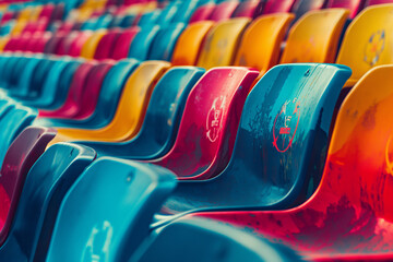 Artistic composition featuring the Euro 2024 tournament logo against a backdrop of colorful stadium seats, symbolizing the unity and excitement of the even. Colorful plastic seats in stadium - Powered by Adobe