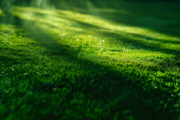 Naklejka premium Abstract image of a football pitch with vibrant green grass, illuminated by sunlight, evoking the anticipation and energy of Euro 2024 matches. Sunshine filters through trees