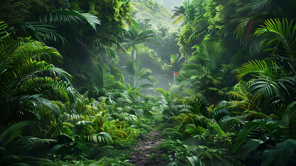 panoramic view of the tropical jungle, tropical forest scenery, tropical green landscape - obrazy, fototapety, plakaty