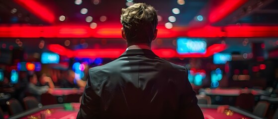 A guard in a black suit overseeing the queue for the poker event. Concept Security, Event Management, Poker Tournament, Guard, Queue Management