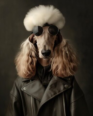 A fashionable Poodle dog posing in leather coat, stylish and classy, dressed like a masculine human gangster, a charismatic leader