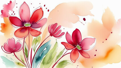 Abstract pastel background with botanical flowers and leaves in watercolor style. Soft Ruby vintage floral art painting