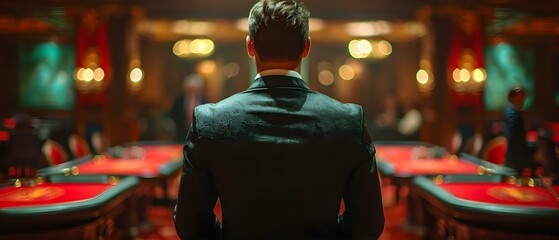 Guard in a Black Suit Keeping Watch Over the Poker Event Queue. Concept Casino Security, VIP Protection, High-Stakes Gambling, Bouncer Duties, Event Surveillance