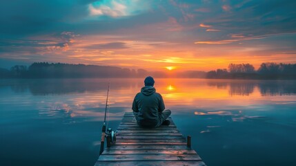 Person Fishing at Sunrise - obrazy, fototapety, plakaty