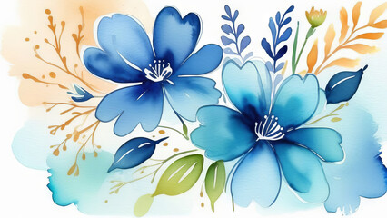 Fototapeta premium Abstract Sapphire pastel background with botanical flowers and leaves in watercolor style. Soft vintage floral art painting