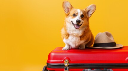Fototapeta premium Cheerful Corgi on Red Suitcase