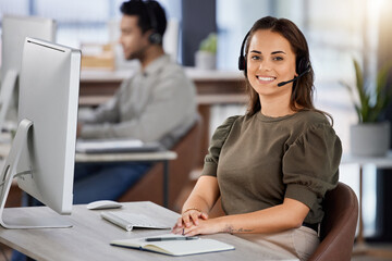 Happy woman, portrait and call center with headphones for telemarketing, customer service or...