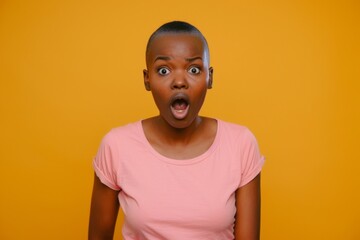 A surprised young woman in a pink shirt with a shocked expression stands against a yellow background