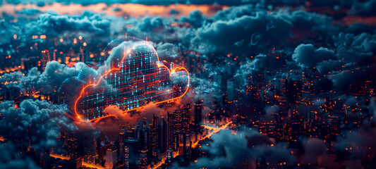 A cityscape with a cloud that is glowing in the night sky