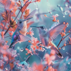 Obraz premium Dewdrop birds flitting among morning flowers, iridescent feathers, macro shot, capturing the essence of their fragile, ethereal beauty, professional color grading,soft shadowns