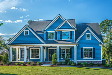 An elegant electric blue house with siding, located on a large lot in a quiet subdivision, featuring traditional windows and shutters, under a sunny day. - obrazy, fototapety, plakaty