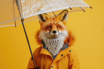Stylish fox in a vibrant yellow raincoat, stands beneath an open umbrella - 794043768