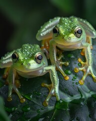 Obraz premium Glass frogs perched on dewy leaves, translucent skin shimmering, close-up, showcasing their delicate anatomy and environment, professional color grading,soft shadowns