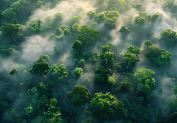 Aerial view of a dense tropical rainforest with misty morning light, dawn sun rays breaking through the canopy