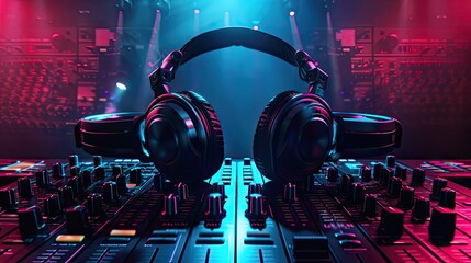 Music Studio Background with DJ Headphone - obrazy, fototapety, plakaty