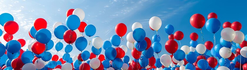 An uplifting image of balloons in red, white, and blue released into the sky at the conclusion of a Memorial Day event, symbolizing the spirits of the fallen rising in honor