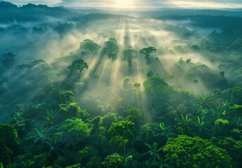 Aerial view of a dense tropical rainforest with misty morning light, dawn sun rays breaking through...