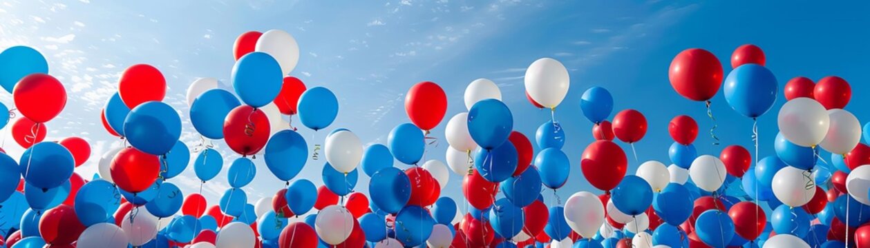 An uplifting image of balloons in red, white, and blue released into the sky at the conclusion of a Memorial Day event, symbolizing the spirits of the fallen rising in honor
