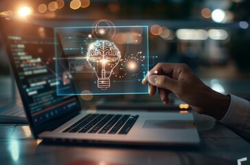 The businessmans hand clutches a light bulb while a digital brain interface appears on the laptop screen, Generated by AI