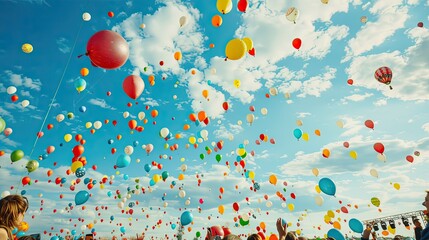 A Big festival outdoor with music and flying balloon