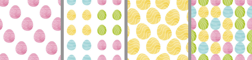 Watercolor set of seamless patterns. Collection of hand drawn pastel Easter eggs
