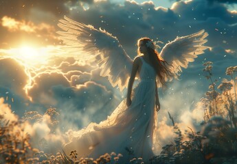 beautiful female angel standing in the clouds, dramatic lighting, cinematic, fantasy art style
