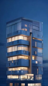 The high-rise building of the hotel in the constructivist style on the seashore at night.