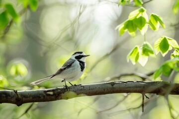 Fototapeta premium Two birds perch on a post in a flower-filled field Sunlight filters through the trees behind them. Beautiful simple AI generated image in 4K, unique.