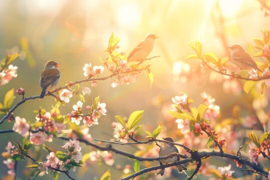   Two birds perch on a post in a flower-filled field Sunlight filters through the trees behind them. Beautiful simple AI generated image in 4K, unique.