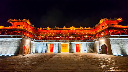 Meridian Gate At Imperial City Of Hue At Night, Vietnam. Meridian Gate Is Typical For The Beautiful And Unique Values Of Architecture Under The Nguyen Dynasty. 