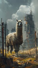 Naklejka premium Genetically Modified Alpacas in a Dystopian Future Racing for Escape Through UV-Protected Gate