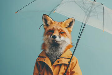 Stylish fox in a vibrant yellow raincoat, stands beneath an open umbrella on pastel blue background
