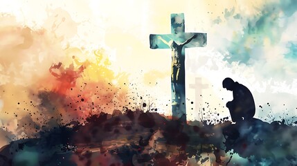 Praying Man at Cross: Jesus Silhouette, Digital Watercolor Painting, Christian Spiritual Artwork - obrazy, fototapety, plakaty