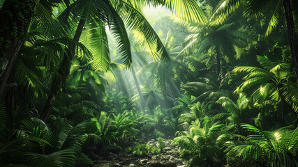 panoramic view of the tropical jungle, tropical forest scenery, tropical green landscape