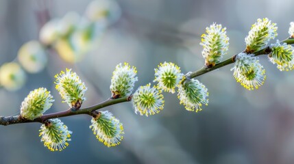 Willow tree catkins bloom up close during spring - obrazy, fototapety, plakaty