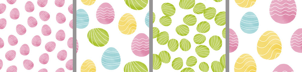 Watercolor set of seamless patterns. Collection of hand drawn pastel Easter eggs