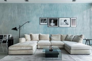 A contemporary living room with a sky-blue brushed wall texture. The room features a modular sectional sofa in beige, a glass top side table, and a minimalistic black floor lamp.  - obrazy, fototapety, plakaty