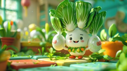 Bok Choy and Eggs Cartoon Character Frolicking in a Vibrant Whimsical Garden A Storybooklike - obrazy, fototapety, plakaty