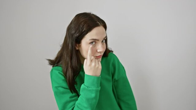 Smart young woman in hoodie stands isolated, keeping a careful eye on you, finger pointing gesture. confident expression, gotcha concept over white background.