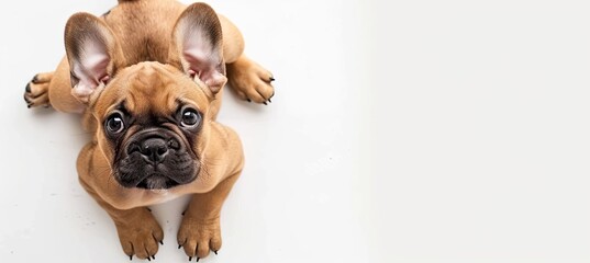 Fawn French Bulldog puppy lying on back, looking up at camera on white surface