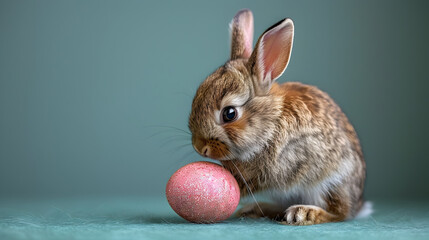 Endearing Bunny Nuzzling Sparkly Easter Egg on Mint Green Backdrop