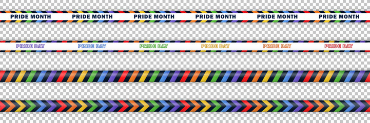 Set of seamless bright colorful realistic ribbons with rainbow and text - Pride Month, Pride Day. Collection of endless barricade tapes, stripes for LGBTQ+ community isolated on transparent background