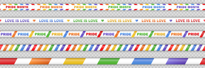 Set of white barricade tapes with rainbow LGBT flag diagonal stripes and text "Pride Month", "Love is love" on transparent background. Template of seamless LGBTQ+ ribbons, stripes for Pride Parade