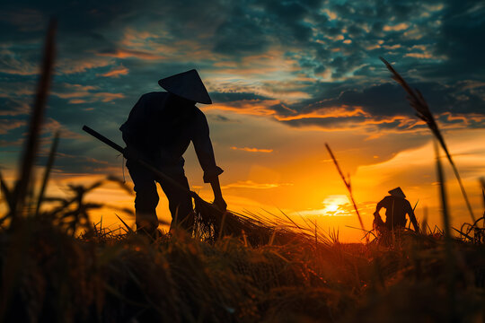 silhouette of a farmer working in a field rice