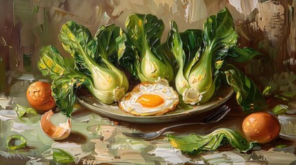 Fried Eggs Nestled Among Fresh Bok Choy Leaves in a Soft Impressionistic Oil Painting Masterpiece - obrazy, fototapety, plakaty