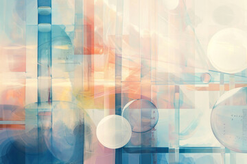 Obraz premium Layers of translucent rectangles and circles float weightlessly in a serene, dreamlike space,