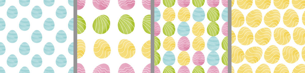 Watercolor set of seamless patterns. Collection of hand drawn pastel Easter eggs