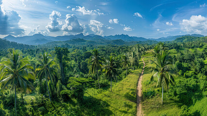 Fototapeta na wymiar panoramic view of the tropical jungle, tropical forest scenery, tropical green landscape