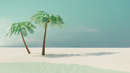 Empty summer tropical beach with coconut palms. Summer travel concept. 3d render. Front view
